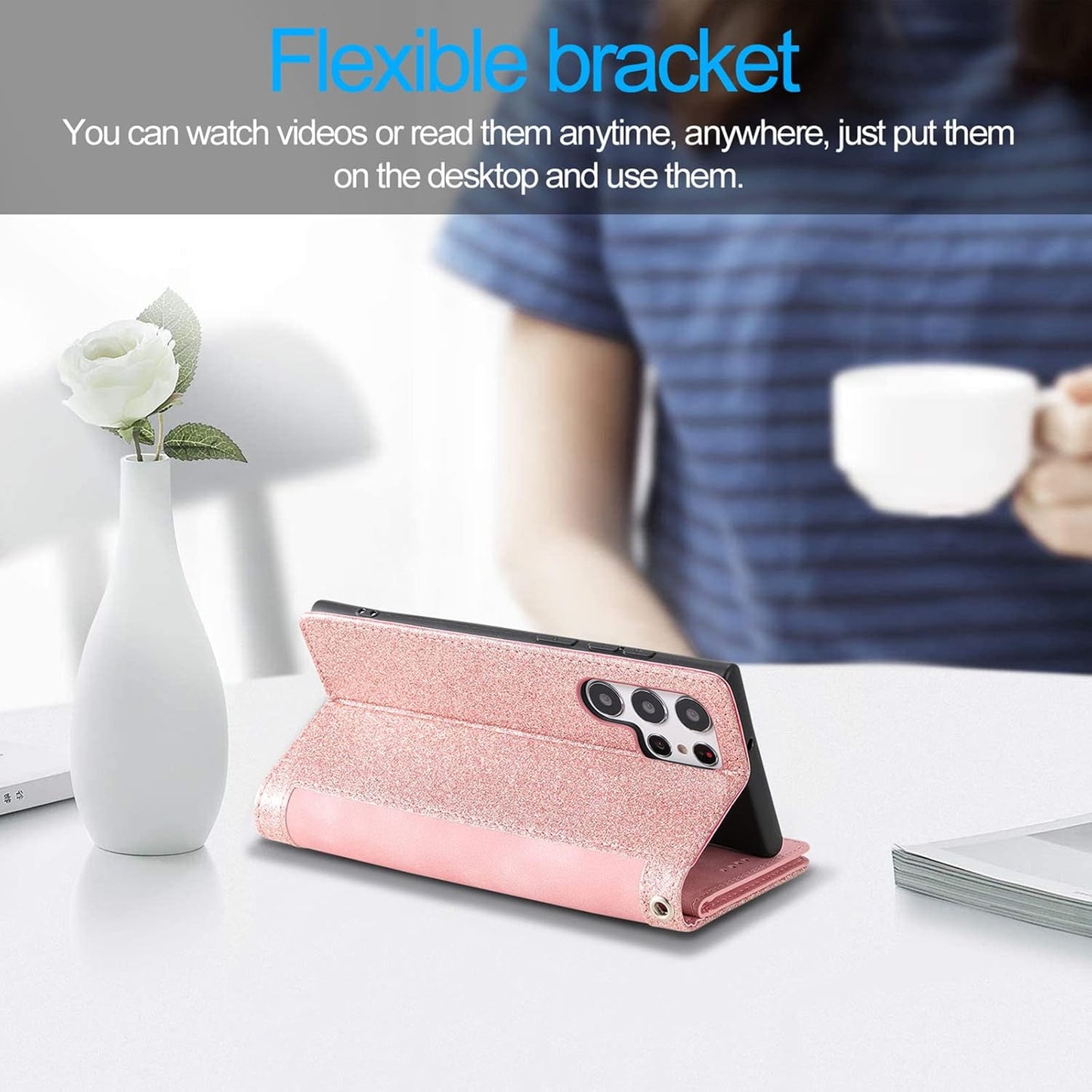 UEEBAI Wallet Case for Samsung Galaxy S22 Ultra 5G, Retro 9 Card Holder Slots Zipper Pocket Handbag Case PU Leather Magnetic Closure Kickstand with Wrist Strap TPU Shockproof Flip Case - Rose Gold