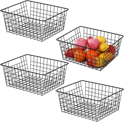 Kitchen Wire Baskets Farmhouse Decor Metal Food Storage Organizer,Household Refrigerator Bin with Built-in Handles for Cabinets,Pantry,Bathroom,Black