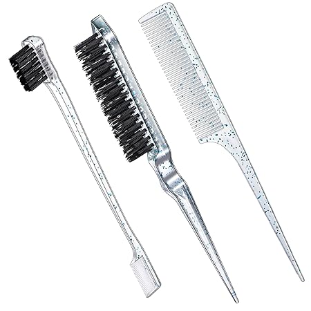 Geiserailie 3 Pcs Slick Back Hair Brush Set Bristle Brush Edge Control Teasing Comb for Women Black Hair(Clear Blue)