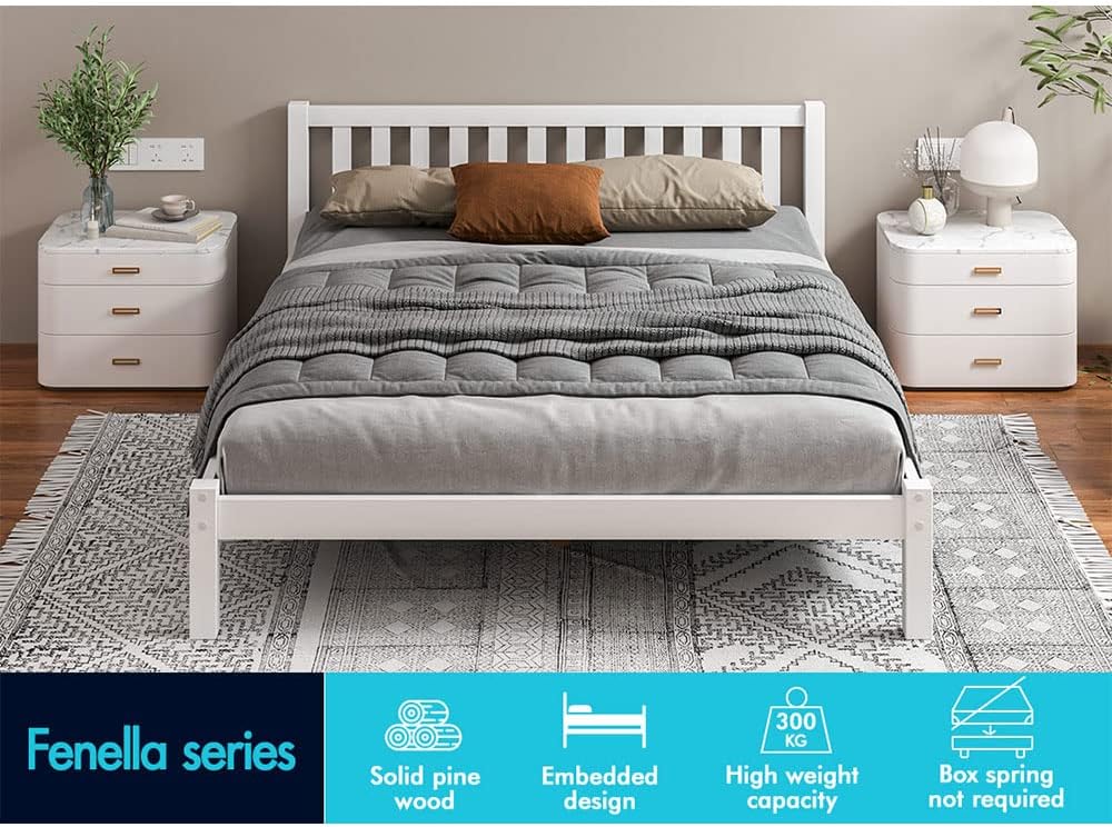 ALFORDSON Bed Frame Double Wooden Bed Base with Solid Wood Pine Timber Slats, Mattress Base Platform Support, White Bed Foundation with Storage Space, Fenella Series Home Bedroom Furniture