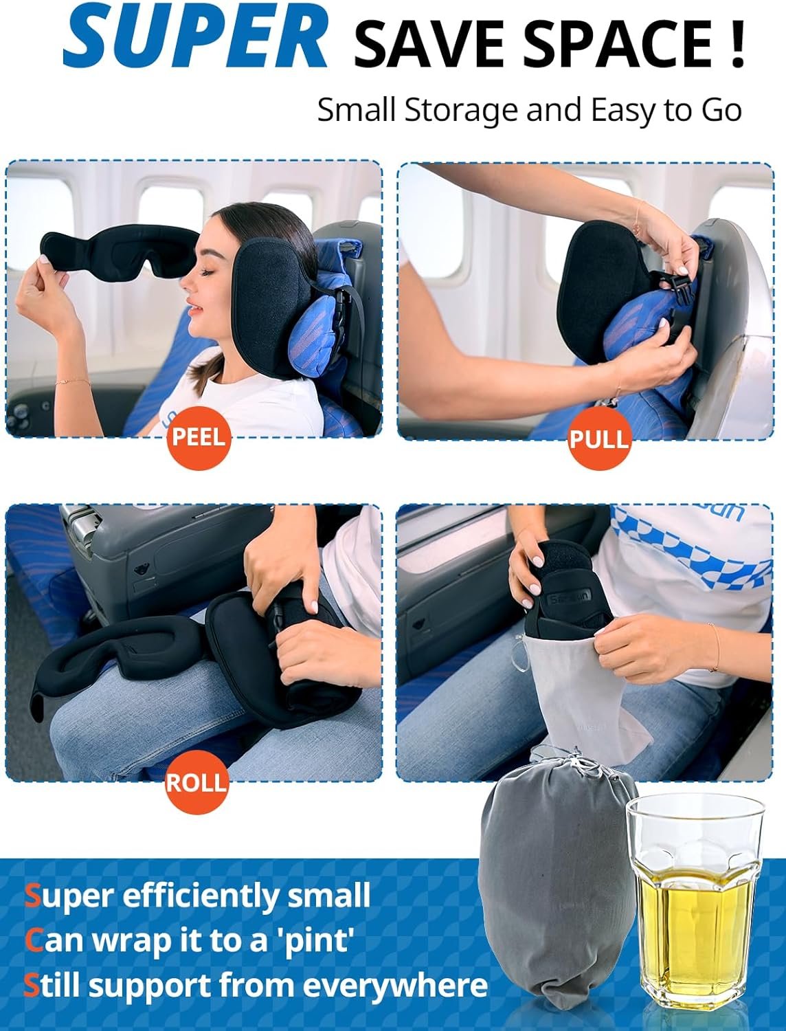 SARISUN Airplane Pillow, Upgrade Travel Pillow for Airplane with Eye Mask, Noise Reducing, 360° Support Stop Bobble, Neck Pillows for Sleeping Travel, Long Flight Travel Essentials, Black