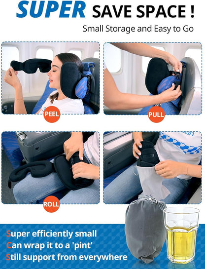 SARISUN Airplane Pillow, Upgrade Travel Pillow for Airplane with Eye Mask, Noise Reducing, 360° Support Stop Bobble, Neck Pillows for Sleeping Travel, Long Flight Travel Essentials, Black