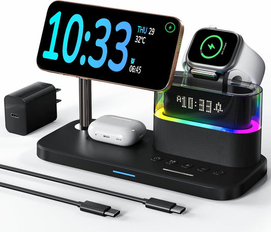 5 in 1 Wireless Charger with Alarm Clock for Apple,Mag-Safe Charging Station for iPhone 16/15/14/13/12,Apple Watch Series 10/9/Ultra 2/8/7/SE/SE2/6/5,Air-Pods 4/3/Pro/2,Magnetic Charger Stand(Black)