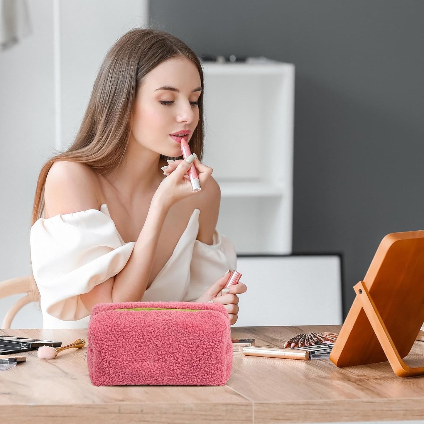 Soft Makeup Bag, Travel Toiletry Pouch, Large Capacity Cosmetic Case, Protective Beauty Organizer, Portable Storage Holder, For, Brushes, Accessories, Daily Use, Travel, pink, Please refer to