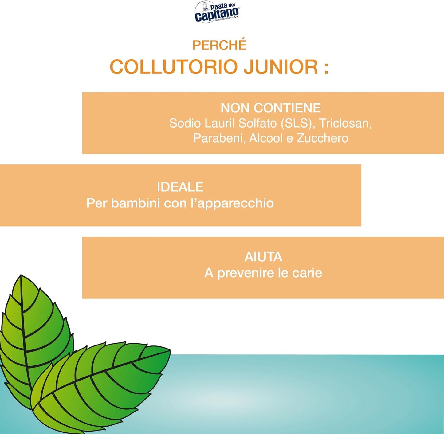 Pasta del Capitano, Junior Mouthwash with Sweet Mint Flavour, Alcohol-free, Prevents the Formation of Caries, Ideal for Children from 6 Years of Age, 100% Made in Italy, 400 ml Bottle