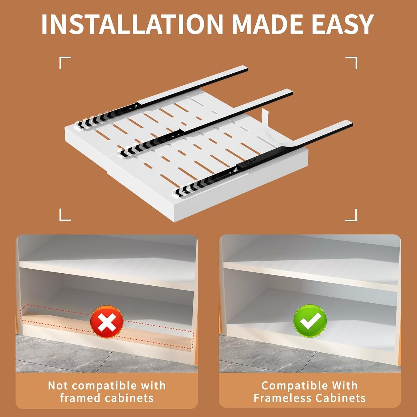 Pull Out Cabinet Organizer 2 PCS, 21" Deep, Expandable(12.4"-20.4") Slide Out Drawers for Kitchen Cabinets Fixed with Adhesive Film for Pots,Pans,Heavy Duty Slide Out Cabinet Organizer and Storage