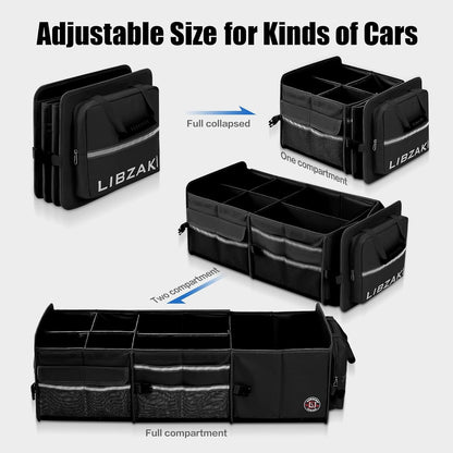 LIBZAKI Oversize 4 in 1 Car Trunk Storage Organizer, Multi Compartment Collapsible Trunk Storage Box with Cooler Bag for Car Truck SUV-Black