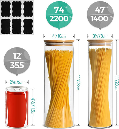 ComSaf 70oz Glass Spaghetti Pasta Storage Container with Bamboo Lids 2050ml Set of 3, Round Tall Clear Airtight Food Storage Jar, Kitchen Pantry Storage Container for Noodles Cereal Coffee Beans