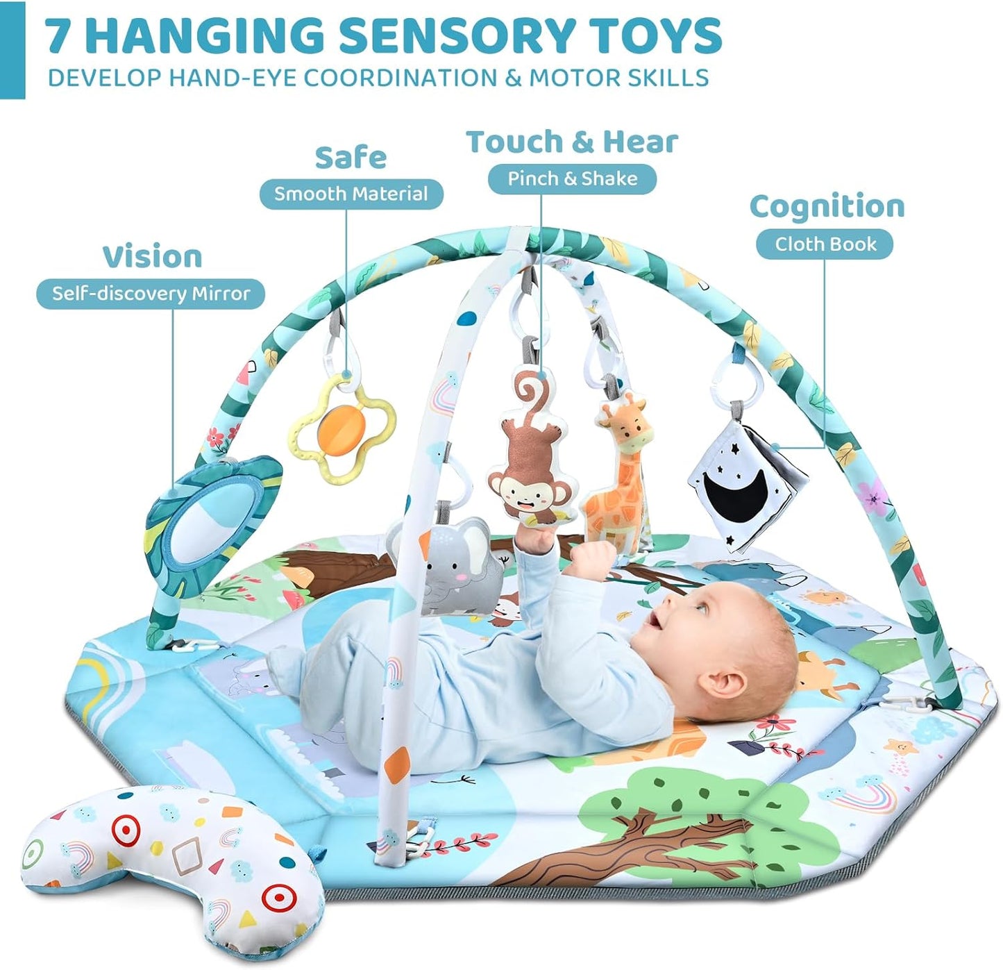 Baby Gym Play Mat, 8-in-1 Tummy Time Mat & Ball Pit with 6 Toys, Washable Baby Activity Play Mat for Visual, Hearing, Sensory, Motor Development, Baby Toys Toddler Infant 0-3-6-9-12 Months