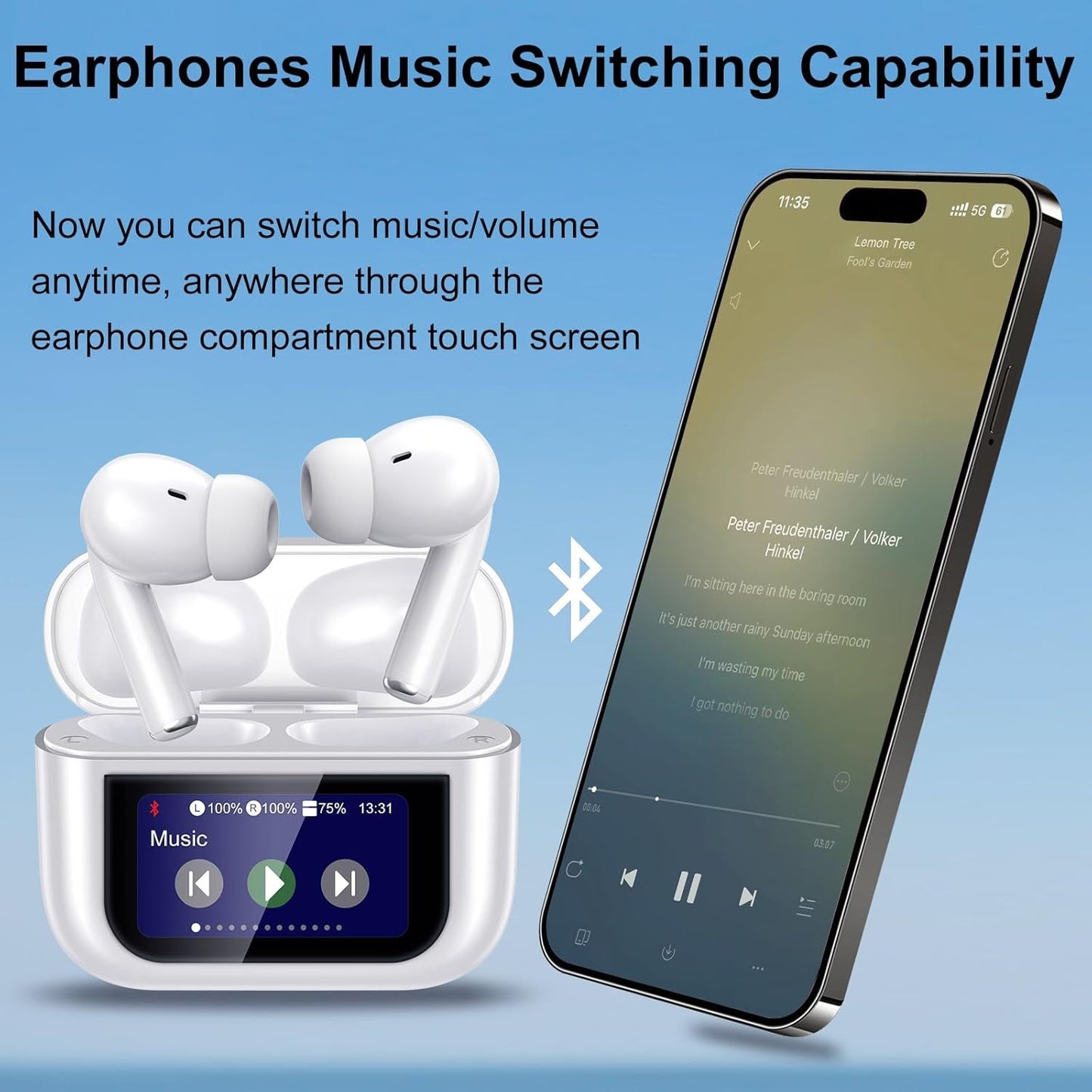 Smart Earphones with Touchscreen, Touch Screen Earbuds, 13 Functions Wireless Headphones Bluetooth 5.4, Touch Buds with LED Screen, ANC/ENC Noise Cancelling, 40H Playtime, for iOS Android, White
