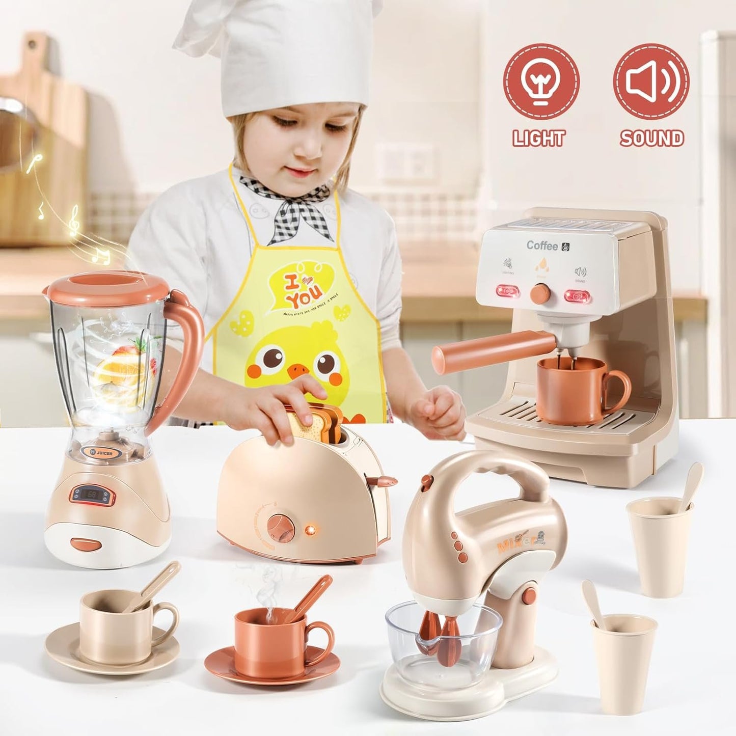 Kids Assorted Kitchen Appliance Play Toys Includes Coffee Maker ,Blender,Fruit Machine and Toaster ,Apron and Cups,with Realistic Lights& Sounds,Learning Gift for Toddlers Baby Girls Boys