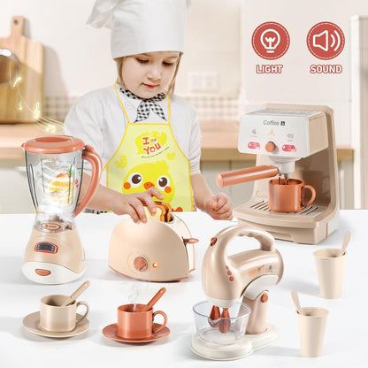 Kids Assorted Kitchen Appliance Play Toys Includes Coffee Maker ,Blender,Fruit Machine and Toaster ,Apron and Cups,with Realistic Lights& Sounds,Learning Gift for Toddlers Baby Girls Boys