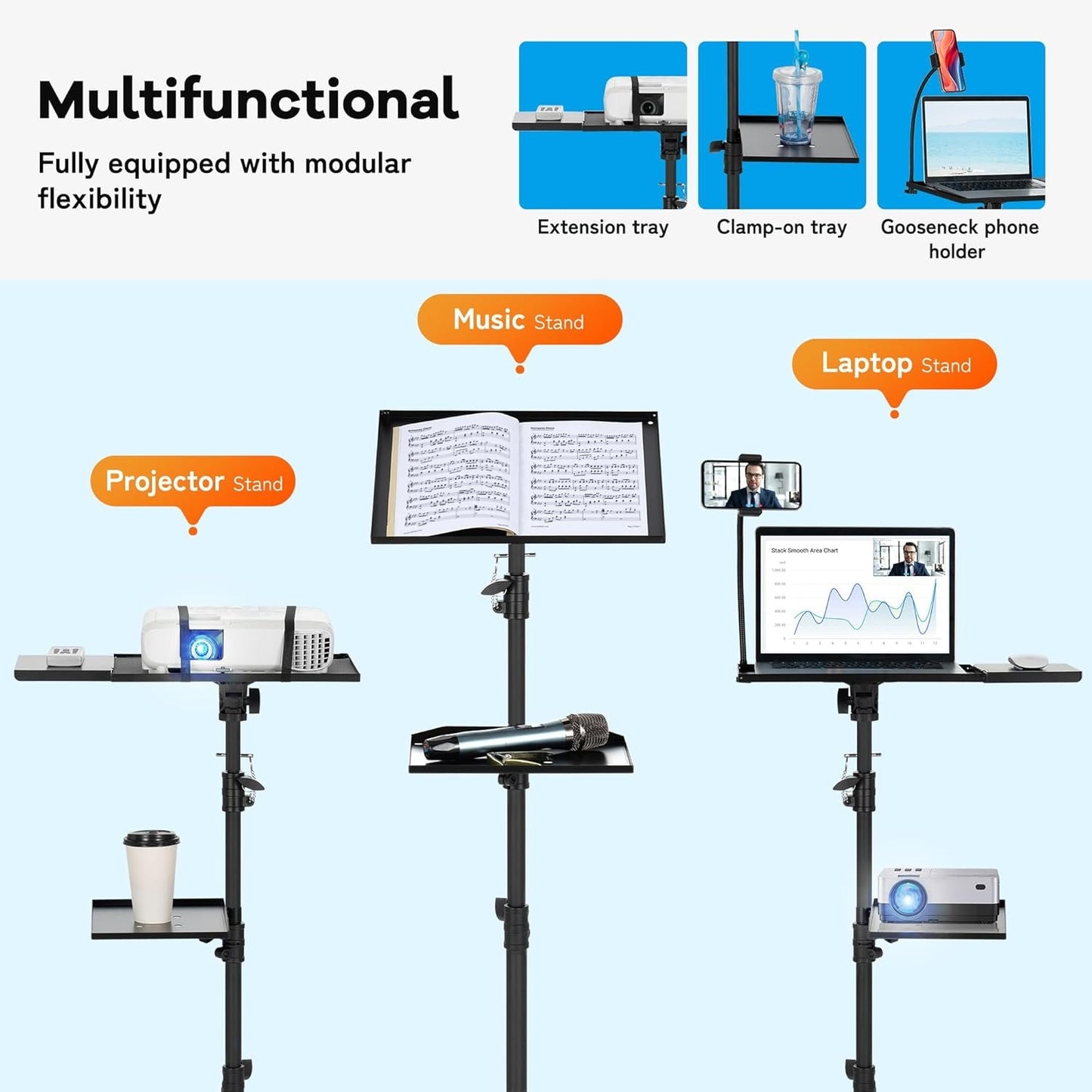 CAHAYA Mobile Floor Projector Stand: Multifunction with Metal Wheels, Adjustable Tray 71-137 cm, 180° Rotation, Load 14 kg, Perfect for Projectors, Laptops, Sheet Music