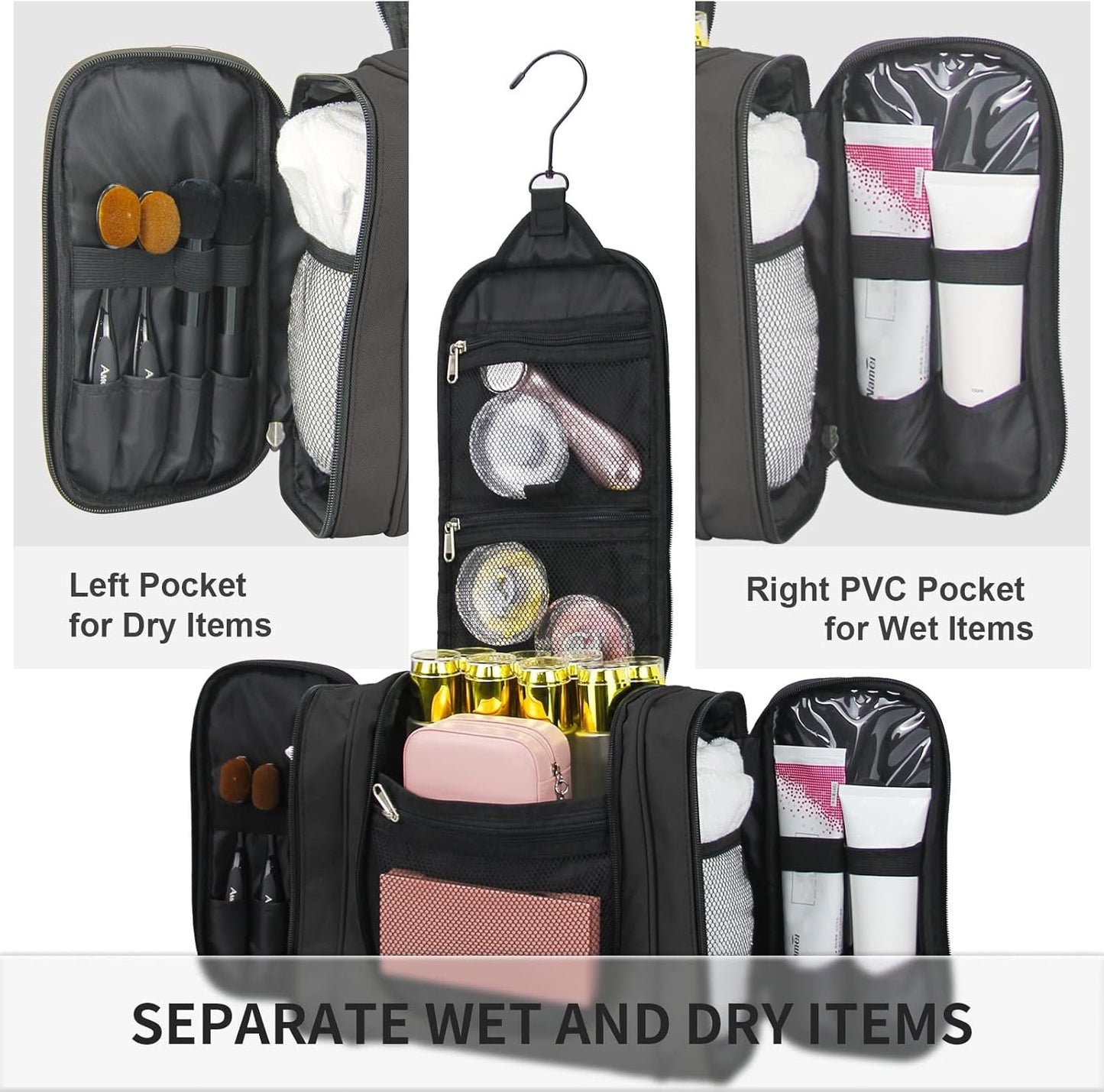 Extra Large Hanging Toiletry Bag for Women and Men, Extra Large Travel Cosmetics Bag, Portable Organizer Bathroom Shower for Hygiene Bag/Toiletries/ Makeup, Black, Hanging Toiletry Bag