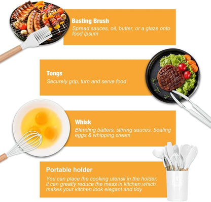 Lychee 12 Pieces Silicone Kitchen Utensils Set with Stand, Non-Stick Cookware, Heat Resistant Wooden Handles, Kitchen Utensils, BPA Free, Non-Toxic, Spatula, Spoon, Kitchen Gadgets