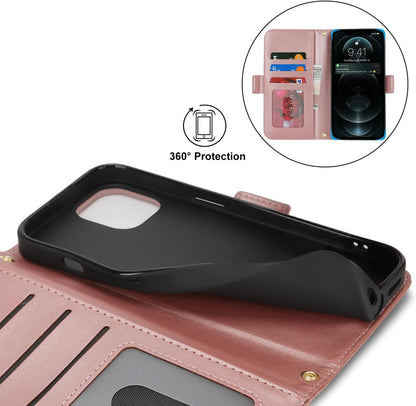 Cavor for iPhone 12/12 Pro Case Adjustable Crossbody Wallet with Card Holder Kickstand Long Shoulder Lanyard Wrist Strap PU Leather Magnetic Flip Cover Phone Zipper Pocket-Rose