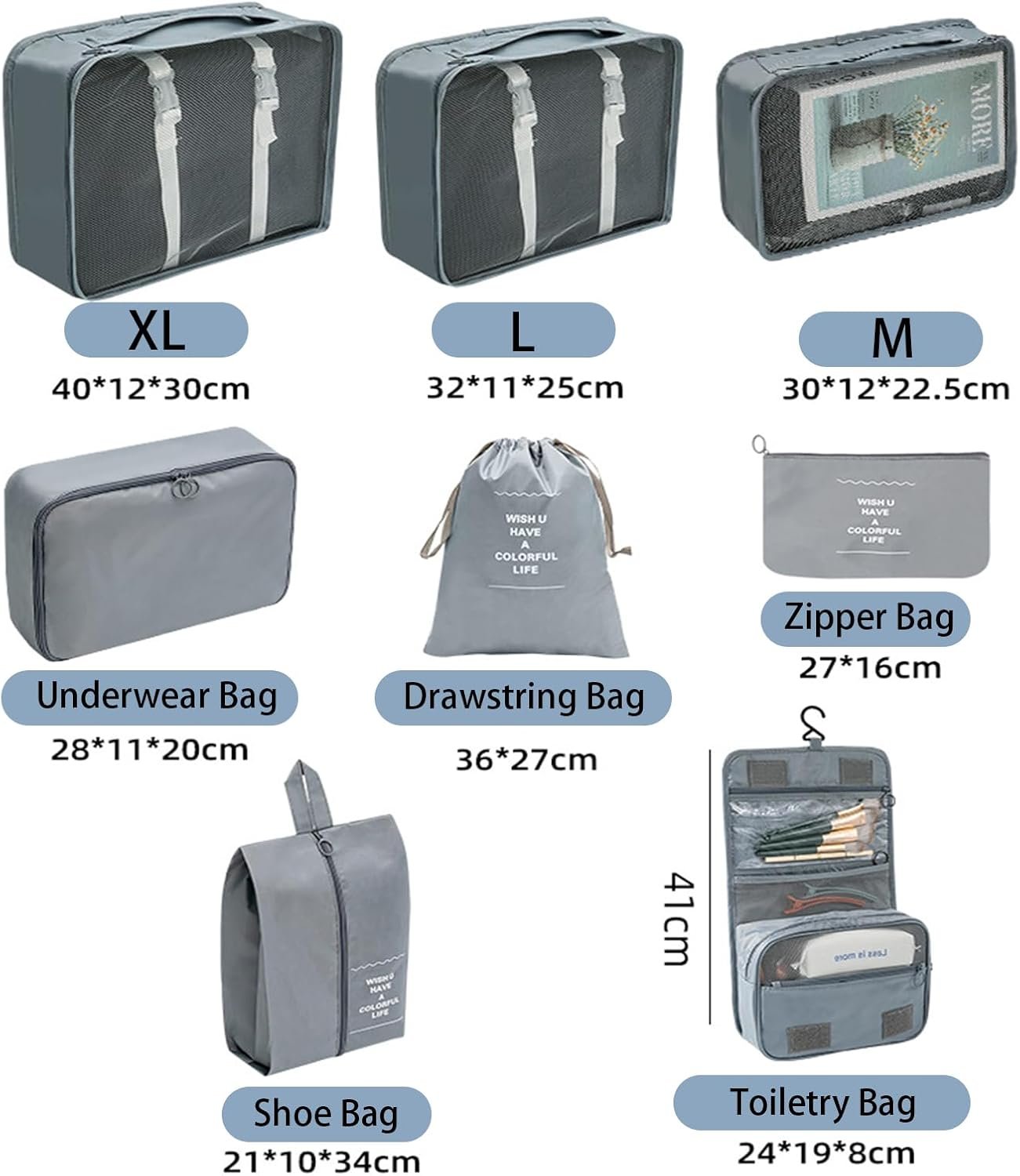 8 Pcs Travel Packing Cubes Set with Shoe & Electronics Bags, Breathable Water-Resistant Mesh Suitcase Organizers, Lightweight Luggage Accessories for Family-Camping Trips (Grey)