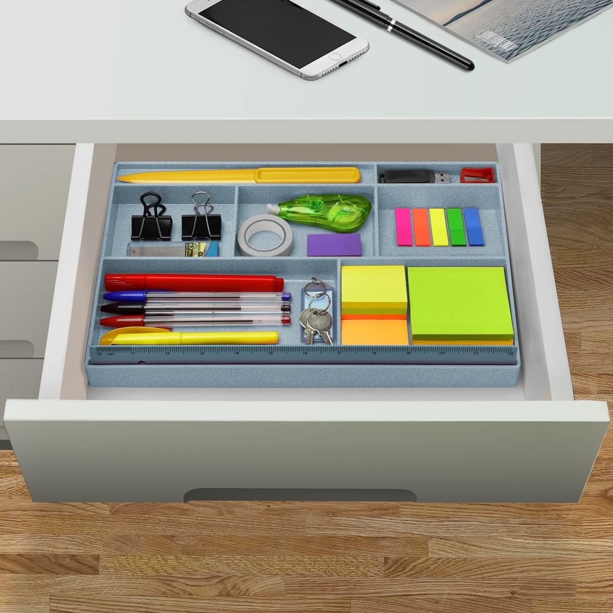 Acrimet Desk Drawer Organizer Tray with 8 Compartments – Multi-Purpose for Office Supplies, Makeup, and Accessories - Fits inside Drawers or Desktops, 32,4cm x 20,3cm x 2,7cm, Plastic, (Granite Color)