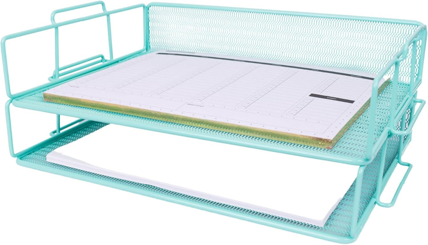 BLU MONACO Aqua Mesh Paper Tray – Set of 2 Stackable Letter Trays – Durable Metal Desk Organizer for Home, Office & School – Stylish Document Holder, File Storage, and Workspace Organizer