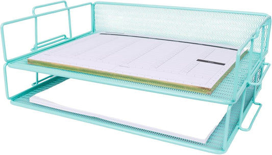 BLU MONACO Aqua Mesh Paper Tray – Set of 2 Stackable Letter Trays – Durable Metal Desk Organizer for Home, Office & School – Stylish Document Holder, File Storage, and Workspace Organizer