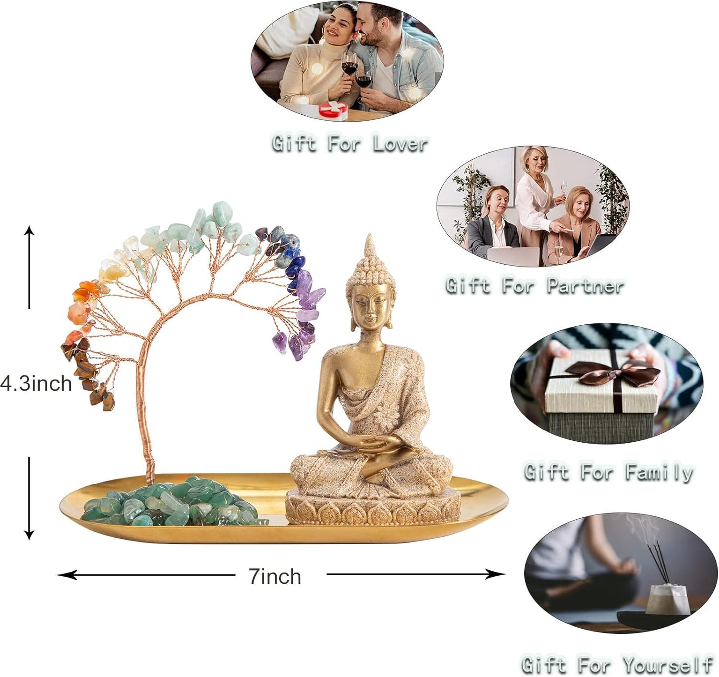 7 Chakra Healing Crystal Tree and Zen Statue, Sakyamuni Buddha Statue, Meditation Chakra Decoration, Home, Shelf, Office, Mantle Decoration, Good Luck，Health and Wealth