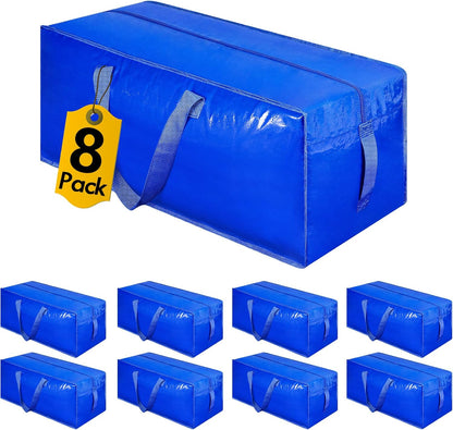 Extra Large Heavy Duty Carry Bags with Backpack Straps, Strong Handles and Zippers, Space Saving Storage Bags, Made of Recycled Material (Blue,Set of 8)
