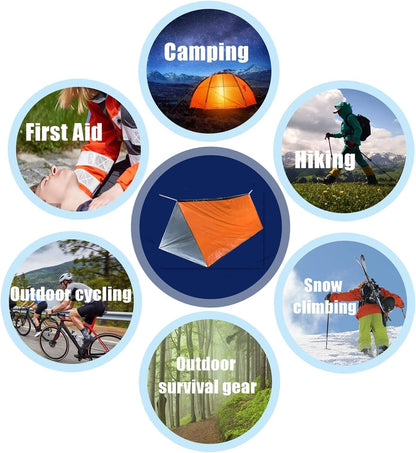 1 Piece Survival Shelter, Polyester Film Emergency Tent Survival Kit with String Bundle Pocket Whistle for Hiking, Car Camping（Orange）