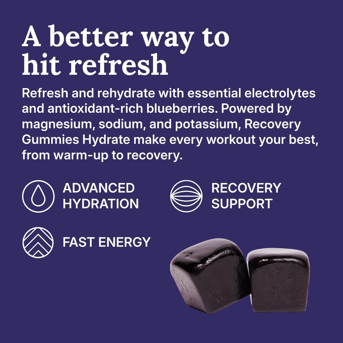 Electrolyte Recovery Gummies™ Blueberry Flavor Hydration Gummies with VitaBlue® Blueberries & Electrolytes - Exercise Recovery, Energy Boost, Replenishment & Antioxidants Non-GMO, Vegan, Gluten-Free