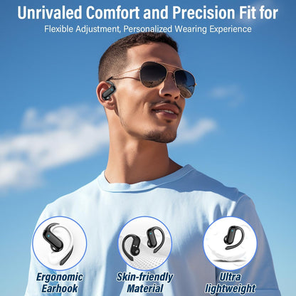 Open Ear Headphones, Bluetooth 5.4 Wireless Earbuds with HD Clear Calls, 32Hrs Immersive Stereo Air Conduction Earphones with Earhooks, LED Display, IPX7 Lightweight Open Ear Buds for Sports/Working