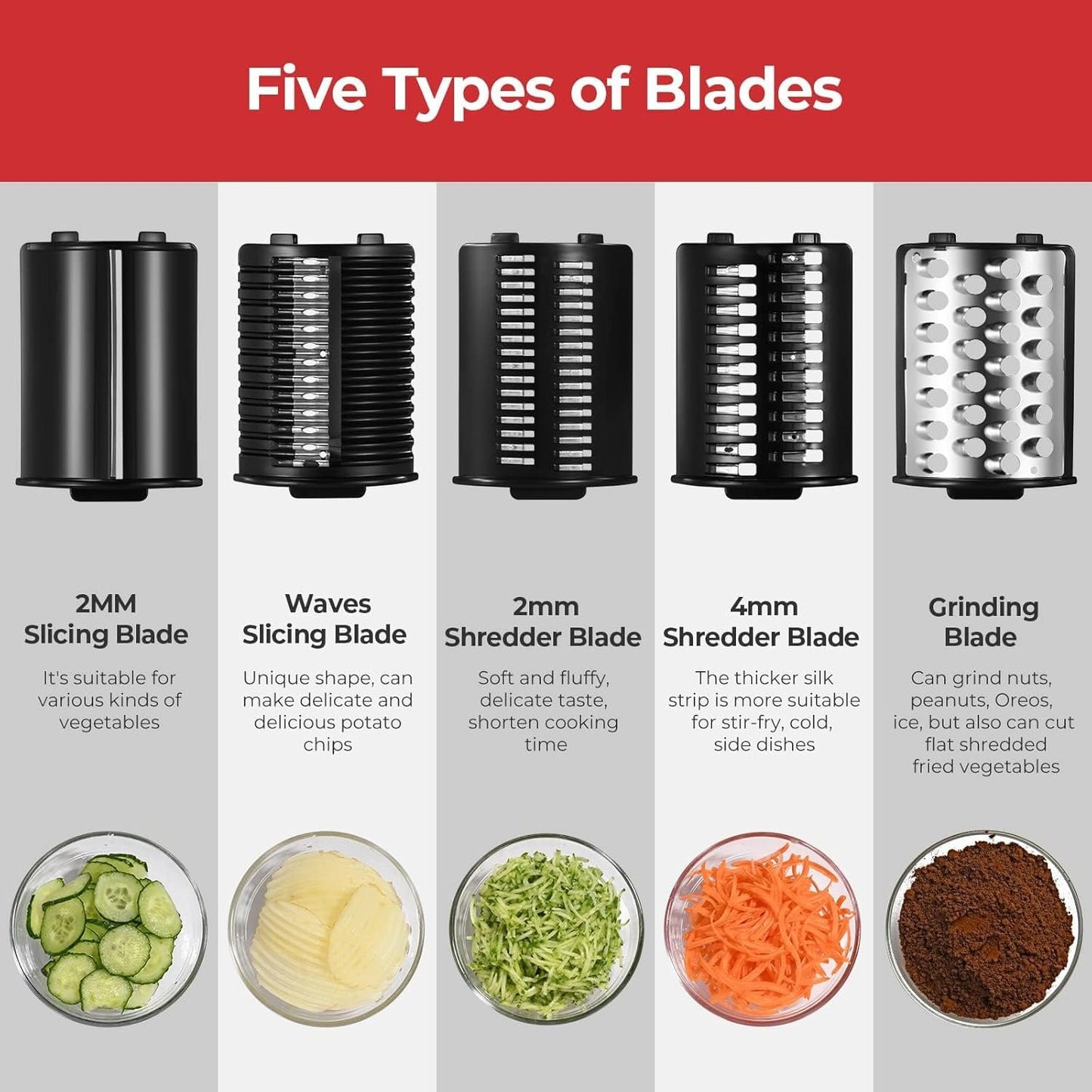 Electric Cheese Grater, 250W Professional Electric Slicer Shredder, Electric Salad Machine for Fruits, Vegetables, Cheeses, Salad Maker with 5 Free Attachments