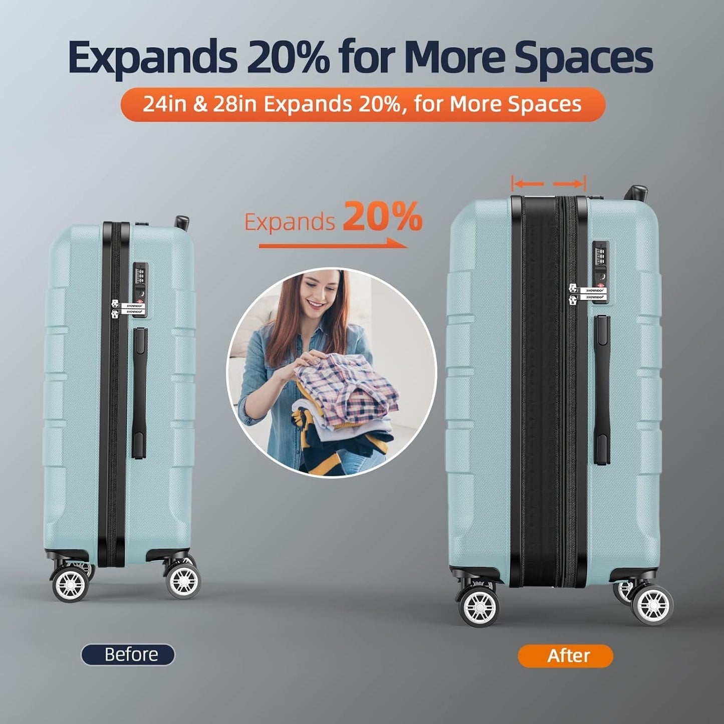 SHOWKOO Luggage Sets Expandable PC+ABS Durable Suitcase Double Wheels TSA Approved Lock Mint Green