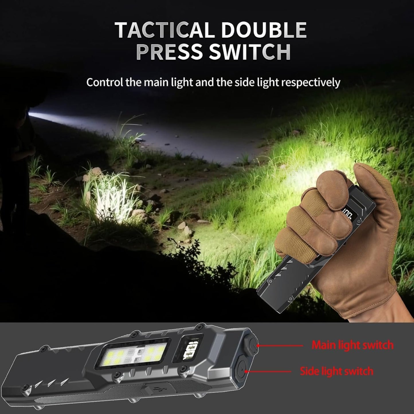 Ciwuzxs EDC Tactical Flashlight DT007, Compact 7 Mode Pocket LED Flashlight - 1500LM, USB-C Rechargeable Digital Display, IPX5 with Side Light and Clip for Everyday Carry Travel (1, Black)