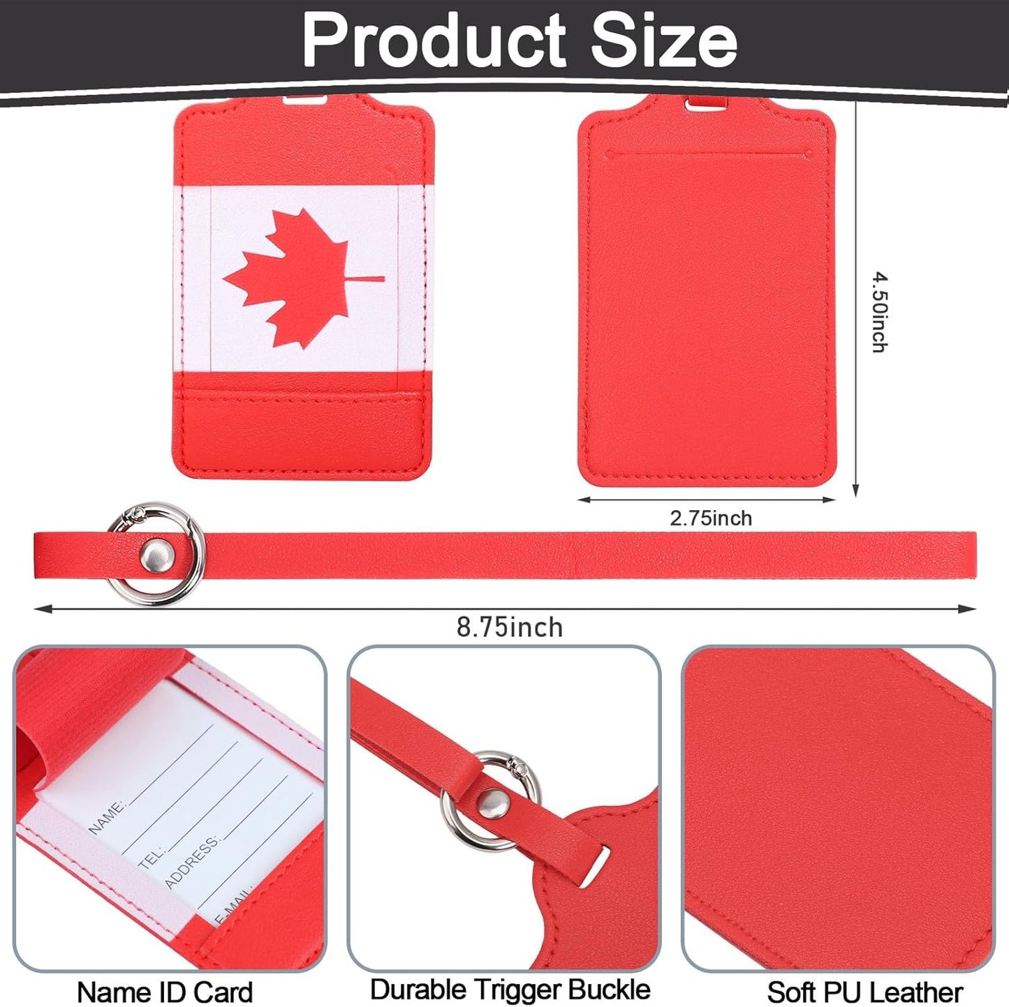 4 Pack Canadian Flag Luggage Tags, Anyos PU Leather Travel Bag Labels Suitcase Baggage Tags with Name ID Card Privacy Protection(Red)