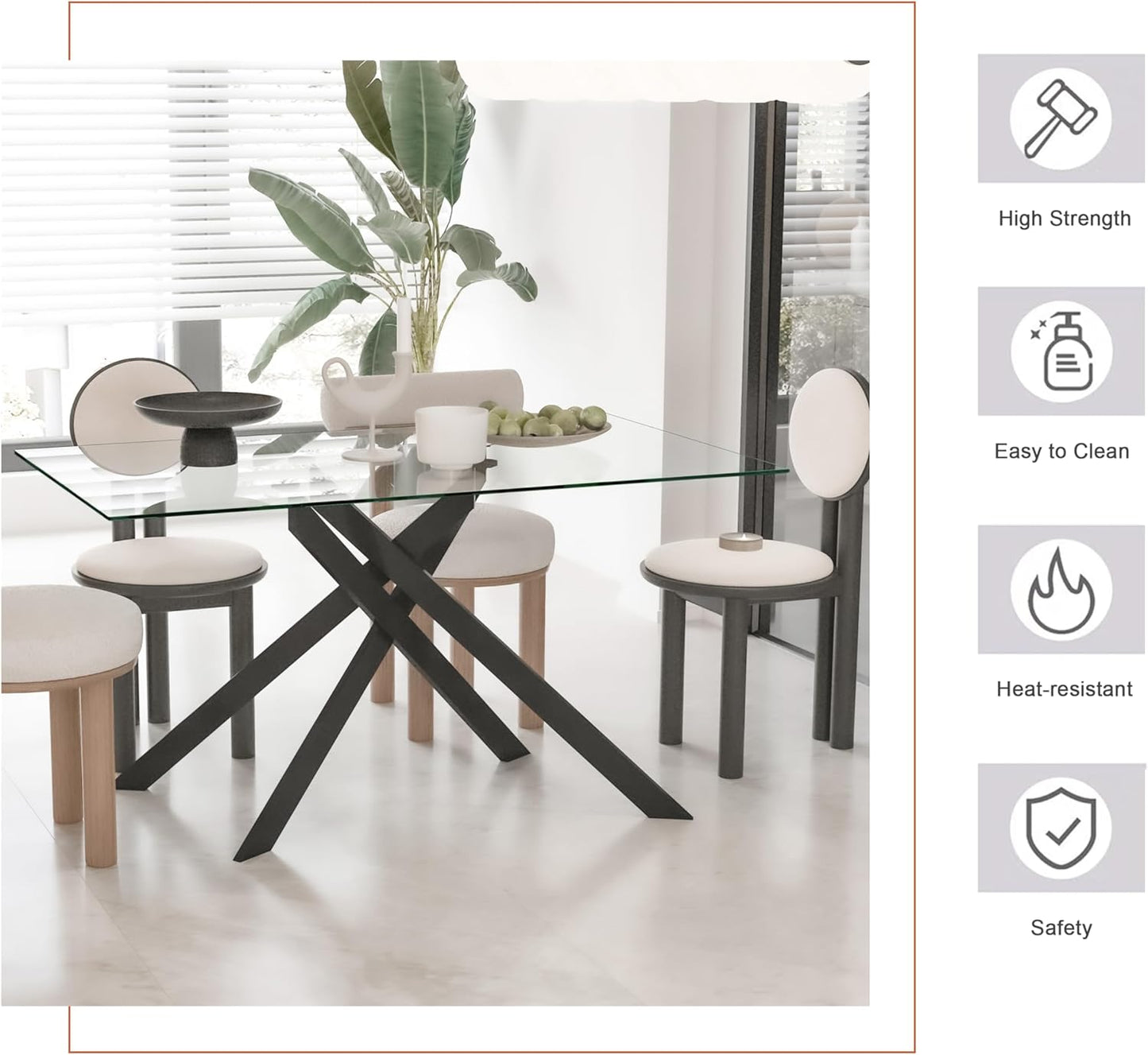 51inch Modern Dining Table for 4, Glass Kitchen Dining Room Table for 4, 0.32" Rectangular Tempered Glass Tabletop and Black Metal Legs,Rectangle Clear Glass Table for Kitchen, Dining Room