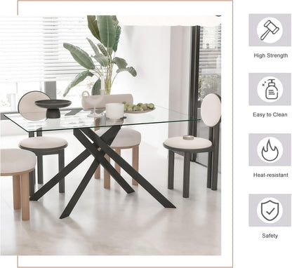 51inch Modern Dining Table for 4, Glass Kitchen Dining Room Table for 4, 0.32" Rectangular Tempered Glass Tabletop and Black Metal Legs,Rectangle Clear Glass Table for Kitchen, Dining Room