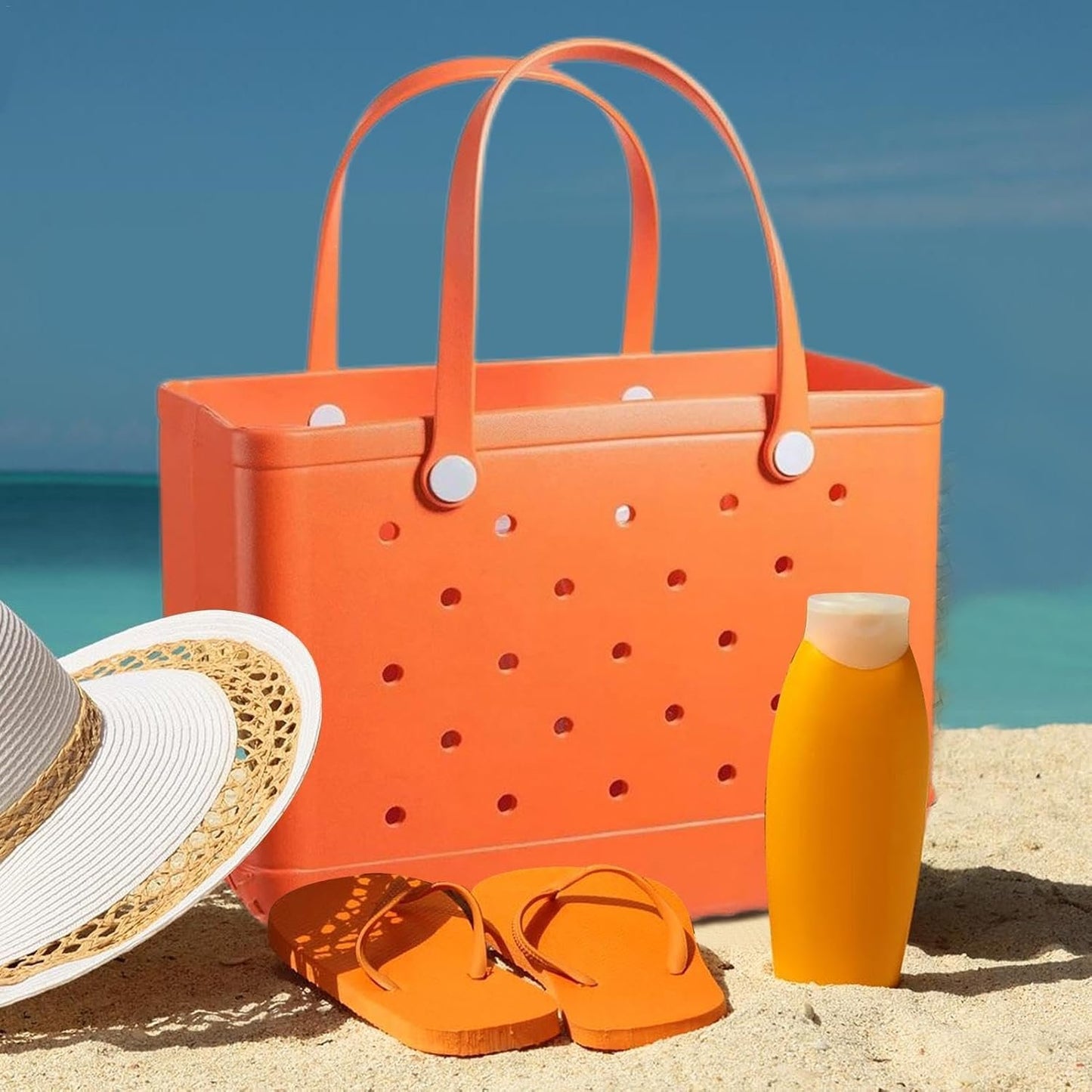 Women Outdoor Rubber Tote Bag,Sports Washable Rubber Tote Bag with Holes | Women's Portable Travel for Beach Sports Swimming Pool (Pure Orange)