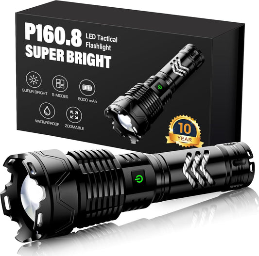Sinvimes Rechargeable Flashlights High Lumens, 4000 LM XHP160.8 Powerful Tactical Flashlight with Zoomable & 6 Modes & IPX7 Waterproof, Super Bright Flashlight for Camping, Hiking, Emergencies