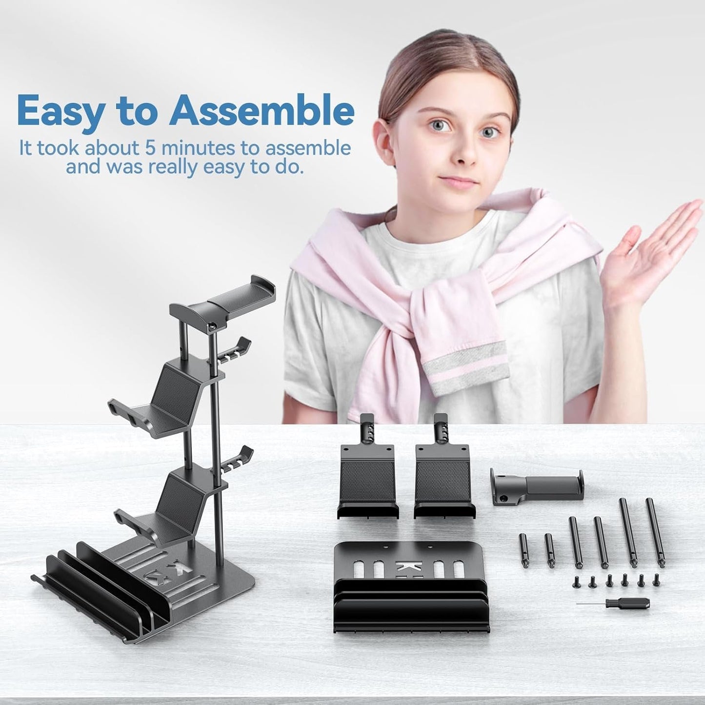 KDD Headphone Stand, Game Controller Holder & Headset Holder for Desk, Earphone Stand with Aluminum Supporting Bar, Universal Storage Organizer Headphones/Controller/Switch/iPad/Mobile Phone