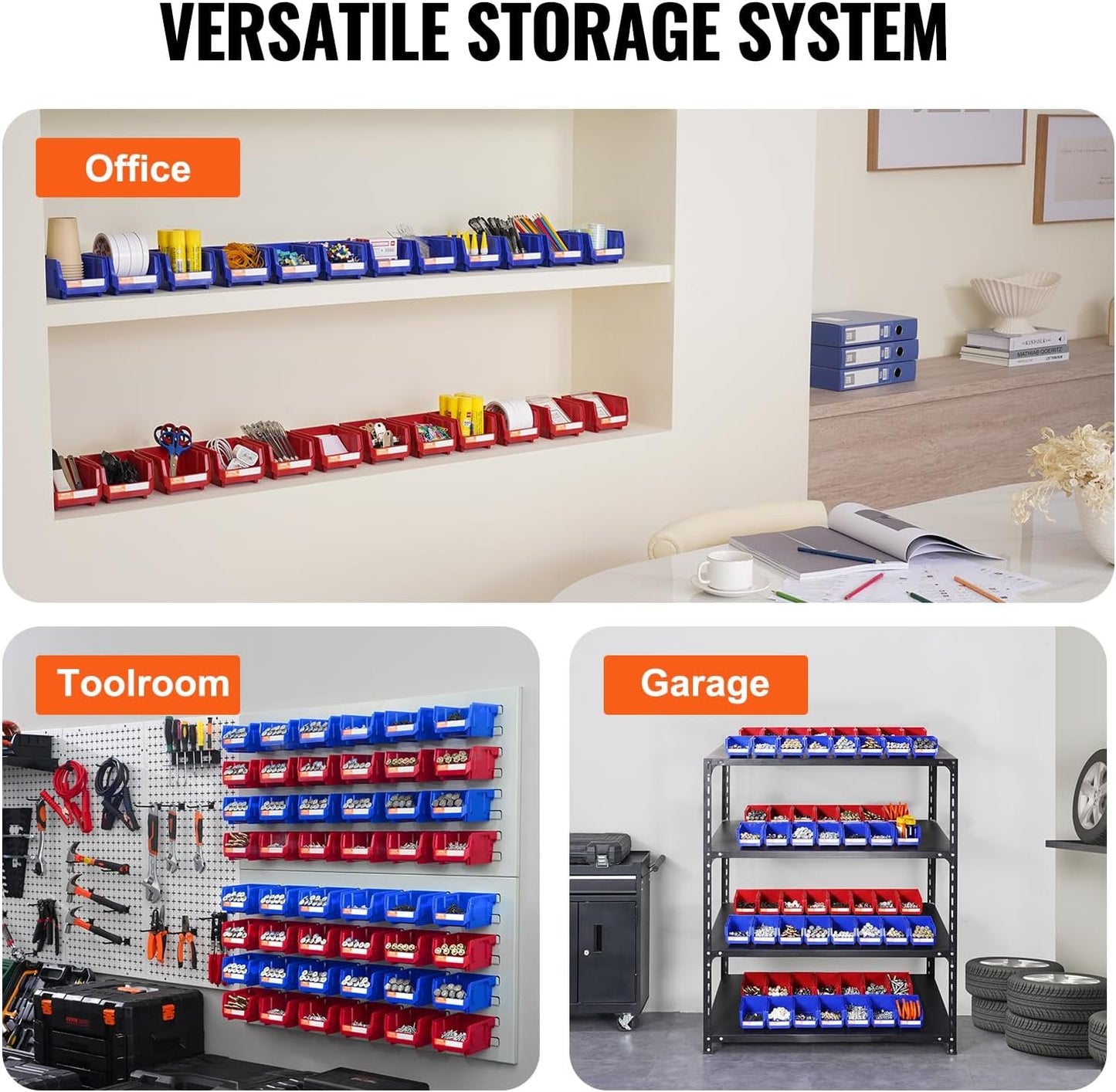 VEVOR Plastic Storage Bin, (5-Inch x 4-Inch x 3-Inch), Hanging Stackable Storage Organizer Bin, Blue/Red, 24-Pack, Heavy Duty Stacking Containers for Closet, Kitchen, Office, or Pantry Organization