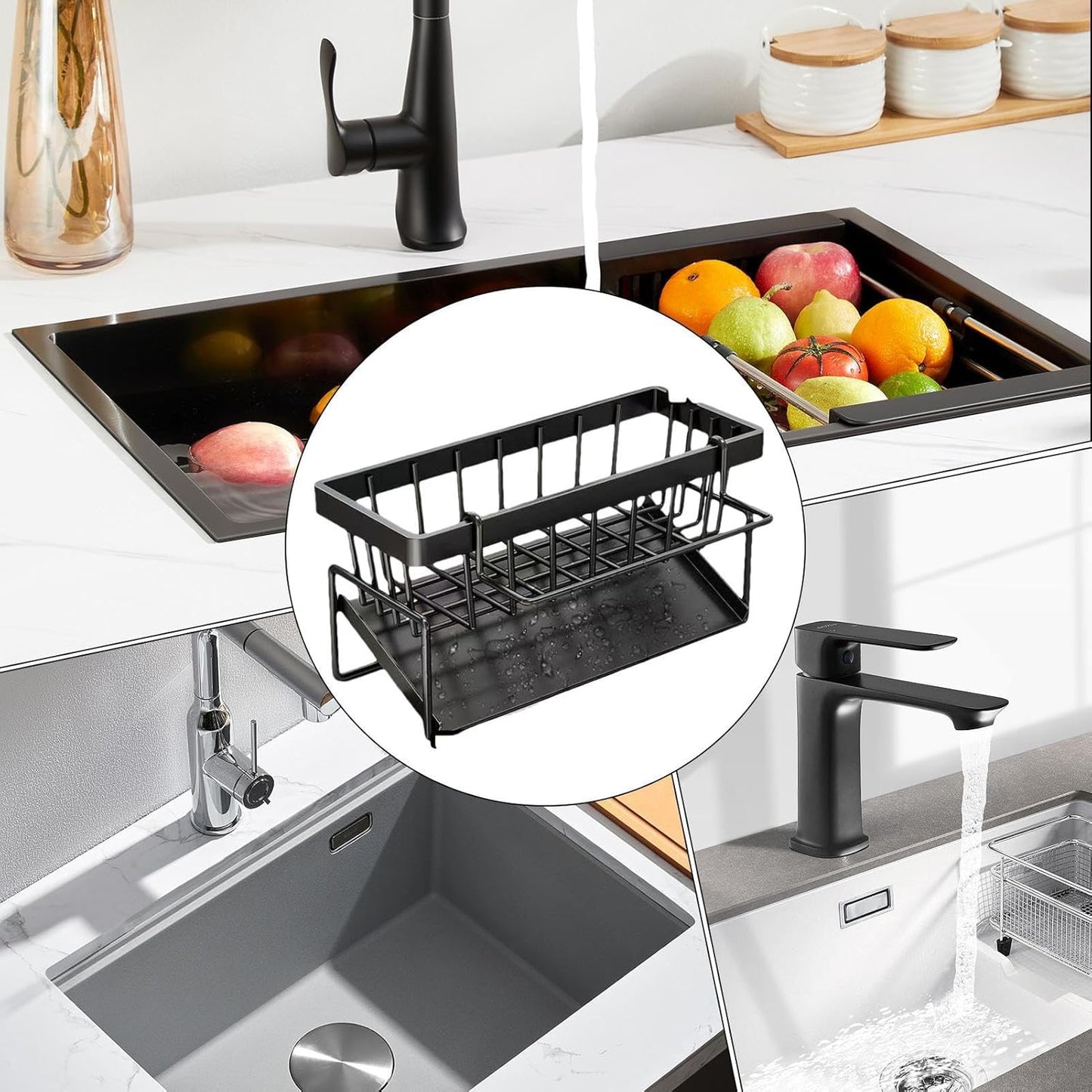 Sink Storage, Sponge Holder, Rust Resistant Easy Installation Modern Aesthetic Durable Vertical, Kitchen Storage for Towel, Soap, Scrubbers, Brushes, 9.06x3.54x4.33inches