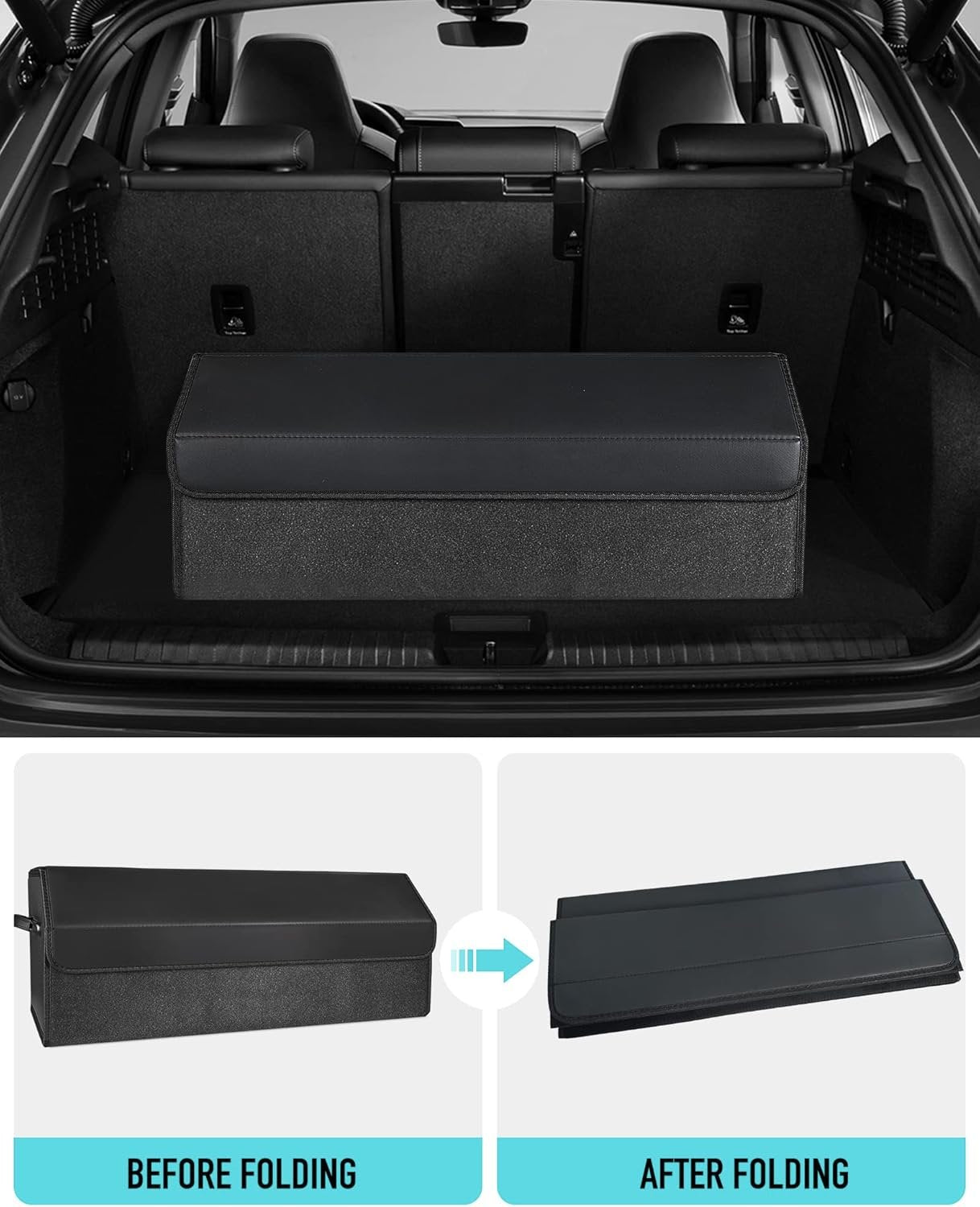 Fyzeoty Car Organizers for Trunk for Suv Sedan, Leather Storage Box,Extra Large,Magnetic Lid,Collapsible and Adjustable