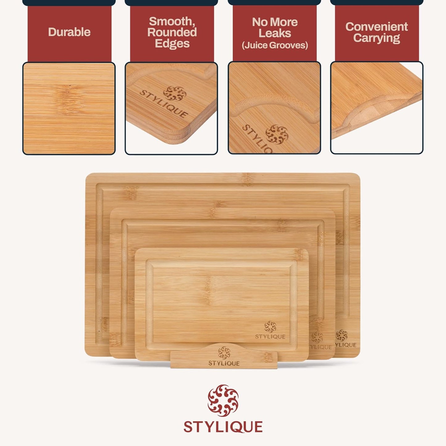 STYLIQUE Wooden Chopping Board Set of 3 with Cutting Board Organiser, Meal Prep Wooden Cutting Boards, Large Chopping Board and Serving Tray, Cheese Board, Kitchen Tools gadgets, Bamboo Chopping Board