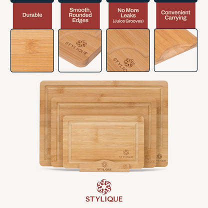 STYLIQUE Wooden Chopping Board Set of 3 with Cutting Board Organiser, Meal Prep Wooden Cutting Boards, Large Chopping Board and Serving Tray, Cheese Board, Kitchen Tools gadgets, Bamboo Chopping Board