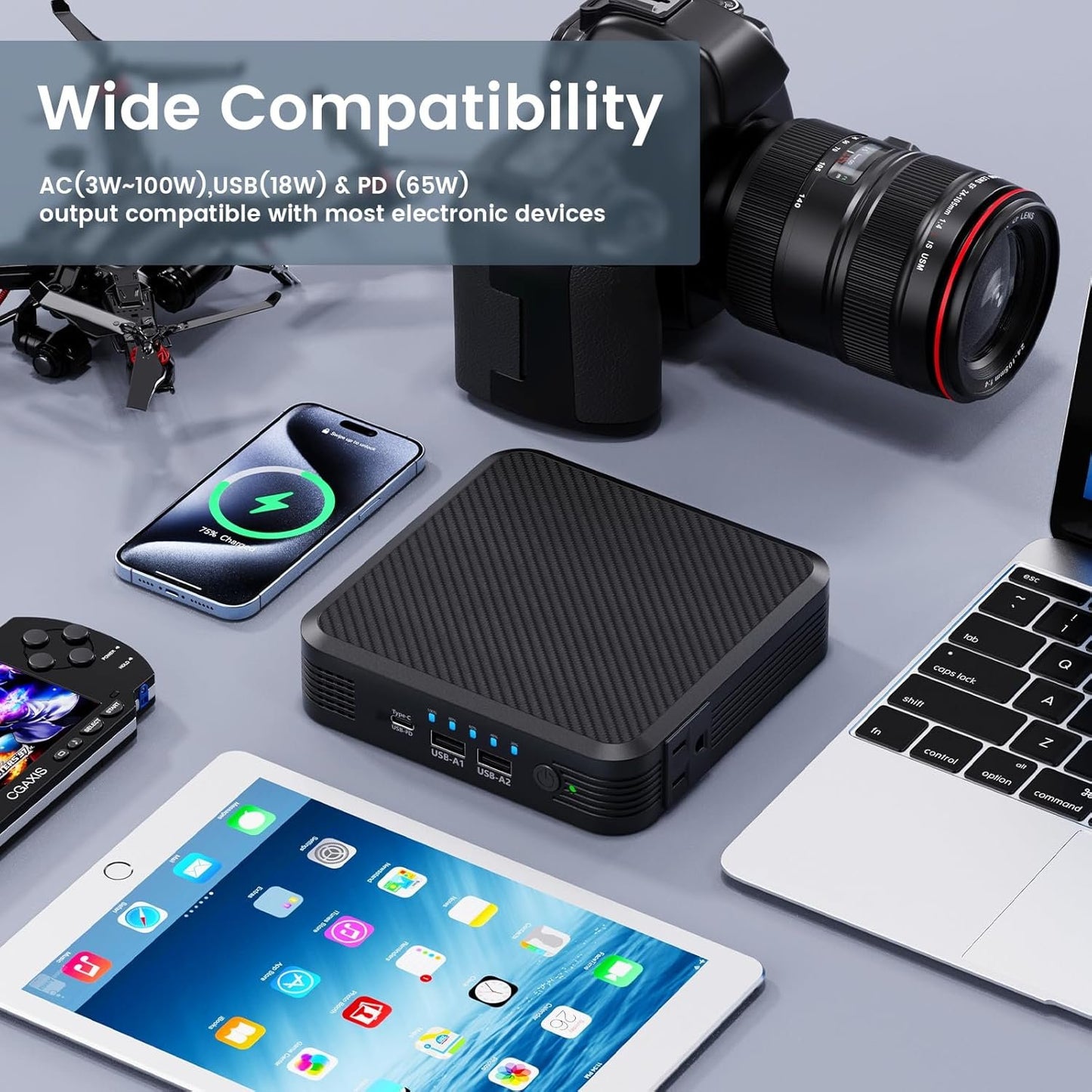 Laptop Power Bank with 100W AC Outlet, 72Wh/20000mAh Portable Laptop Charger with 65W PD USB C Fast Charging, Power Station for Home Backup Power Camping Business Travel