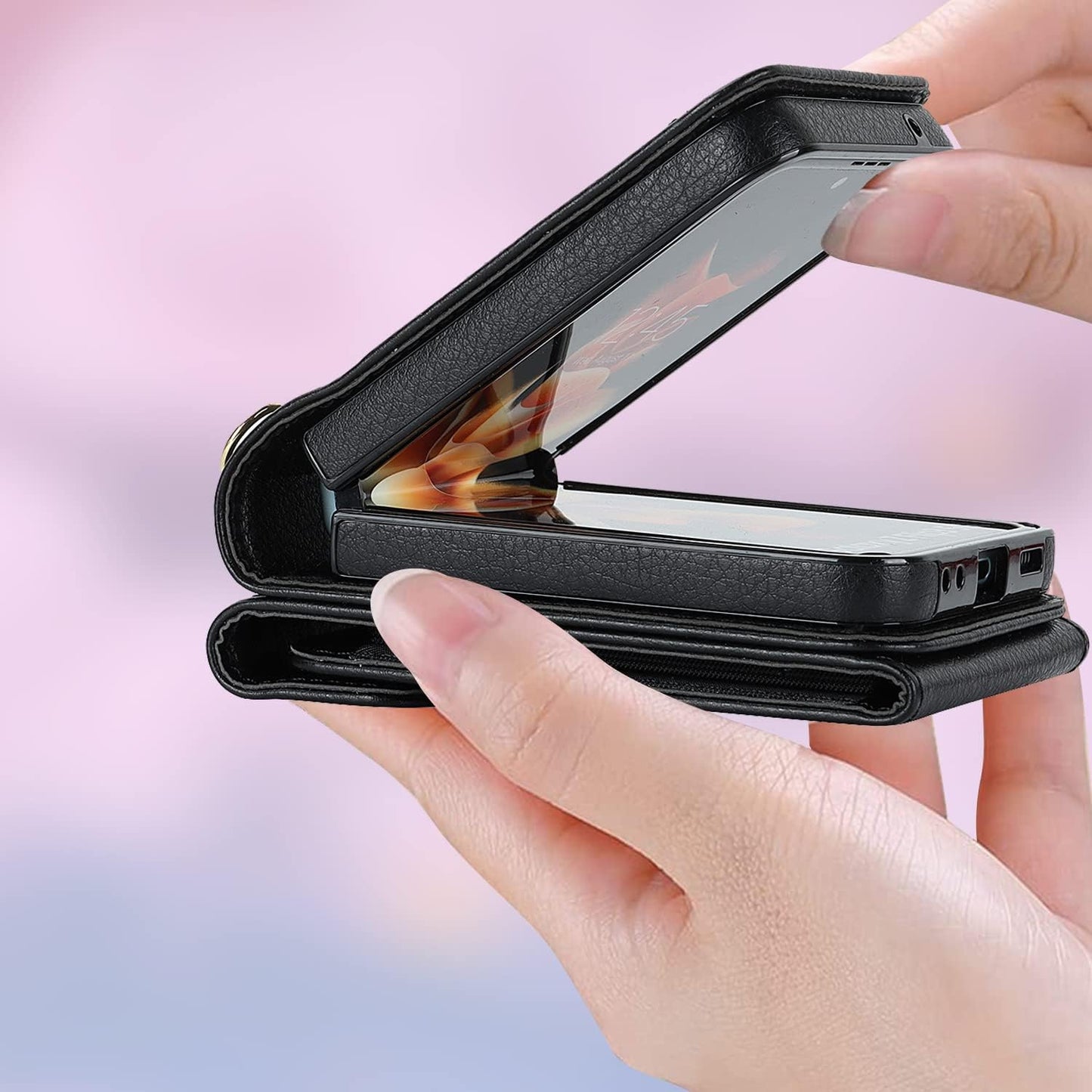 SINQERISHT Crossbody Wallet Phone Case for Samsung Galaxy Z Flip 6 5G 2024 Leather Case with Card Holder & 360° Ring Kickstand Purse Cover Magnetic Closure Flip Handbag Shell(Black)