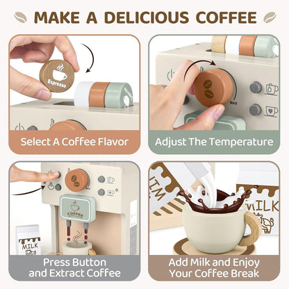 Airlab Toy Coffee Maker for Kids Wooden Kitchen Accessories Pretend Play Toddler Coffee Playset for Girls Boys Ages 3 4 5 Years Birthday Gifts
