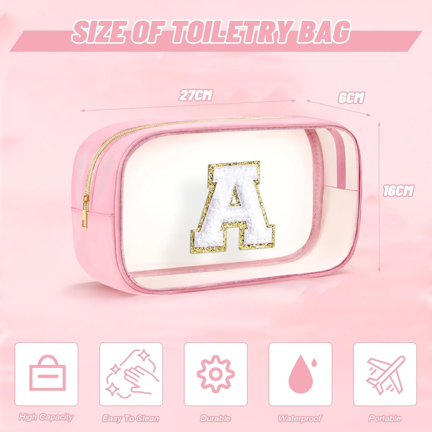 SEFORICO Initial Clear Makeup Bag - Make Up Bag Travel Toiletry Case Preppy Cosmetic Bags Organizer Gifts for Women Valentines Day Brithday Gift Mom Girl Gifts Clear Toiletry Bag (Pink A)