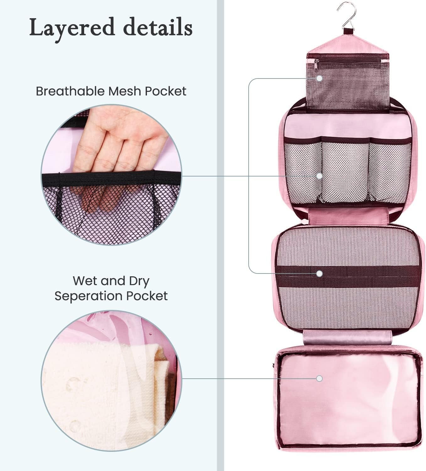 Maliton Hanging Toiletry Bag, Travel Toiletry Bag | Foldable Dopp Kit with Large Capacity for Men | 4 Layers Portable Waterproof Hygiene Bag for Women | Travel Bathroom Organizer(Pink)