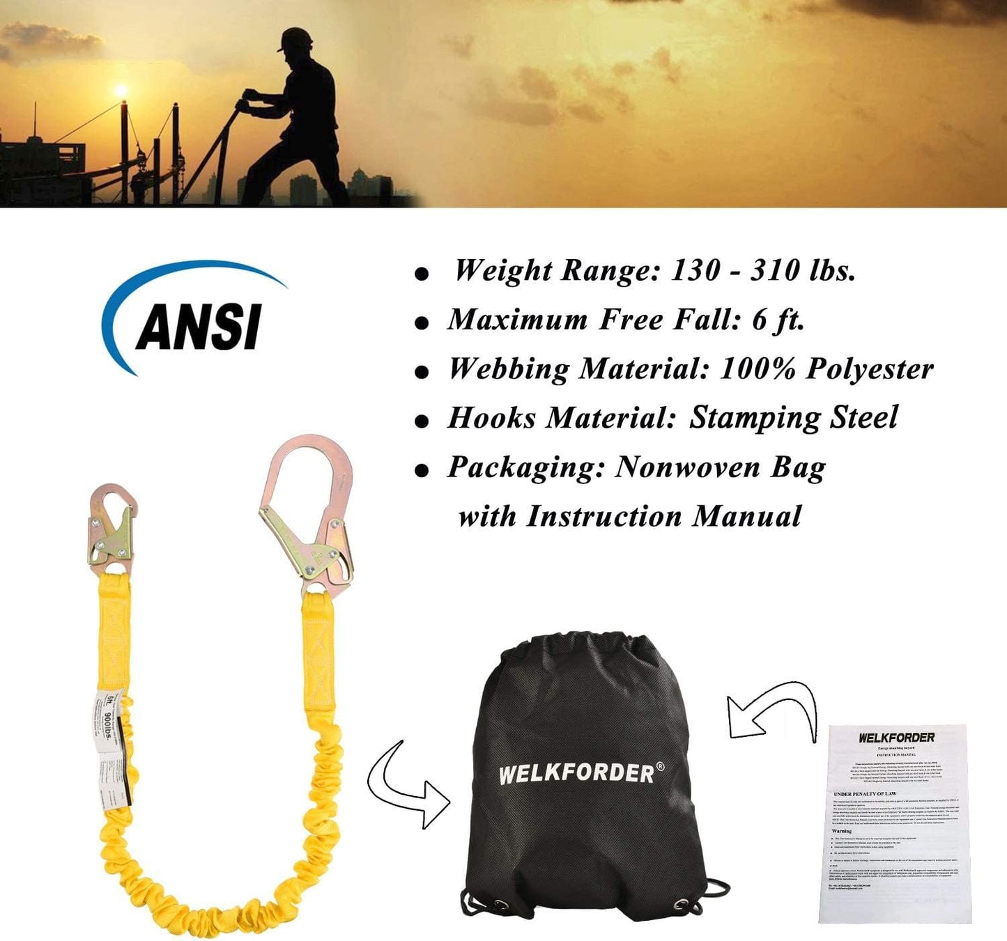 WELKFORDER Single Leg 6-Foot Fall Protection Internal Shock Absorbing Stretchable Safety Lanyard with Snap & Rebar Hook Connectors CSA＆ANSI Compliant
