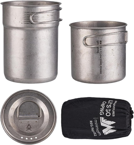 Jvjggag Camp Cooking Set, Cookware Stainless Steel, Lightweight Gear Portable with Handle Two Folding Pots for Backpacking RV Camping Outdoor Picnic Bushcraft Travel